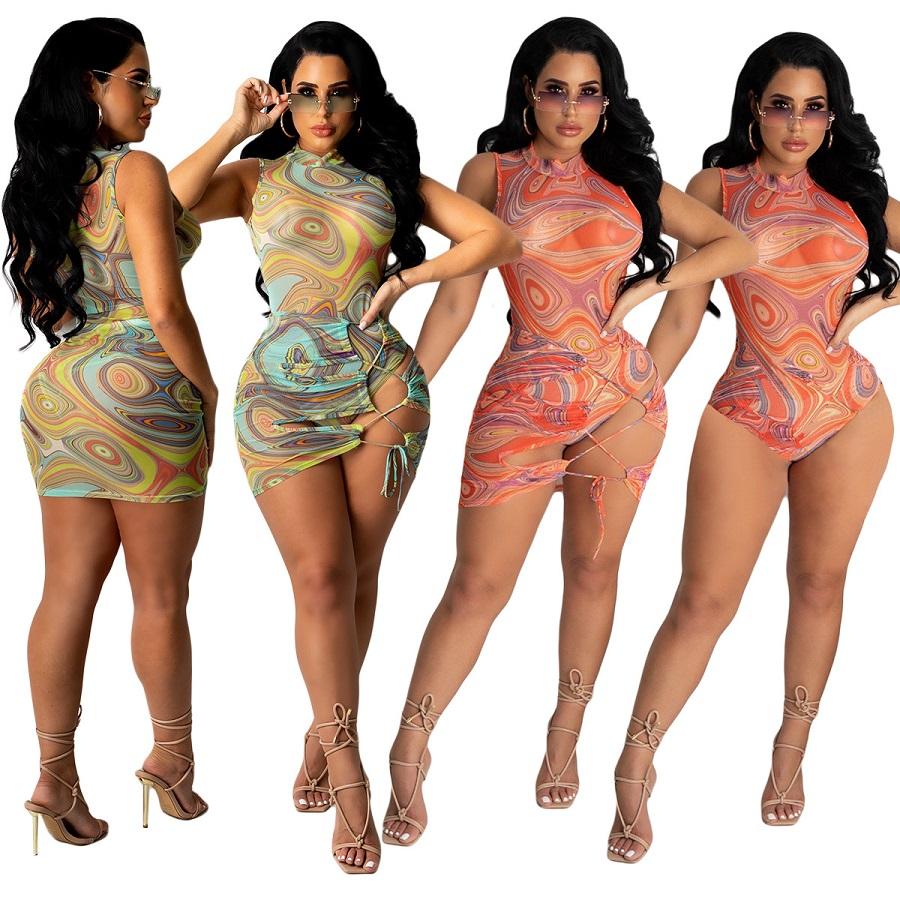 Elegant women’s two-piece party dress set with printed skirt and bodysuit, featuring a sexy, stylish look by Blue Charlie.