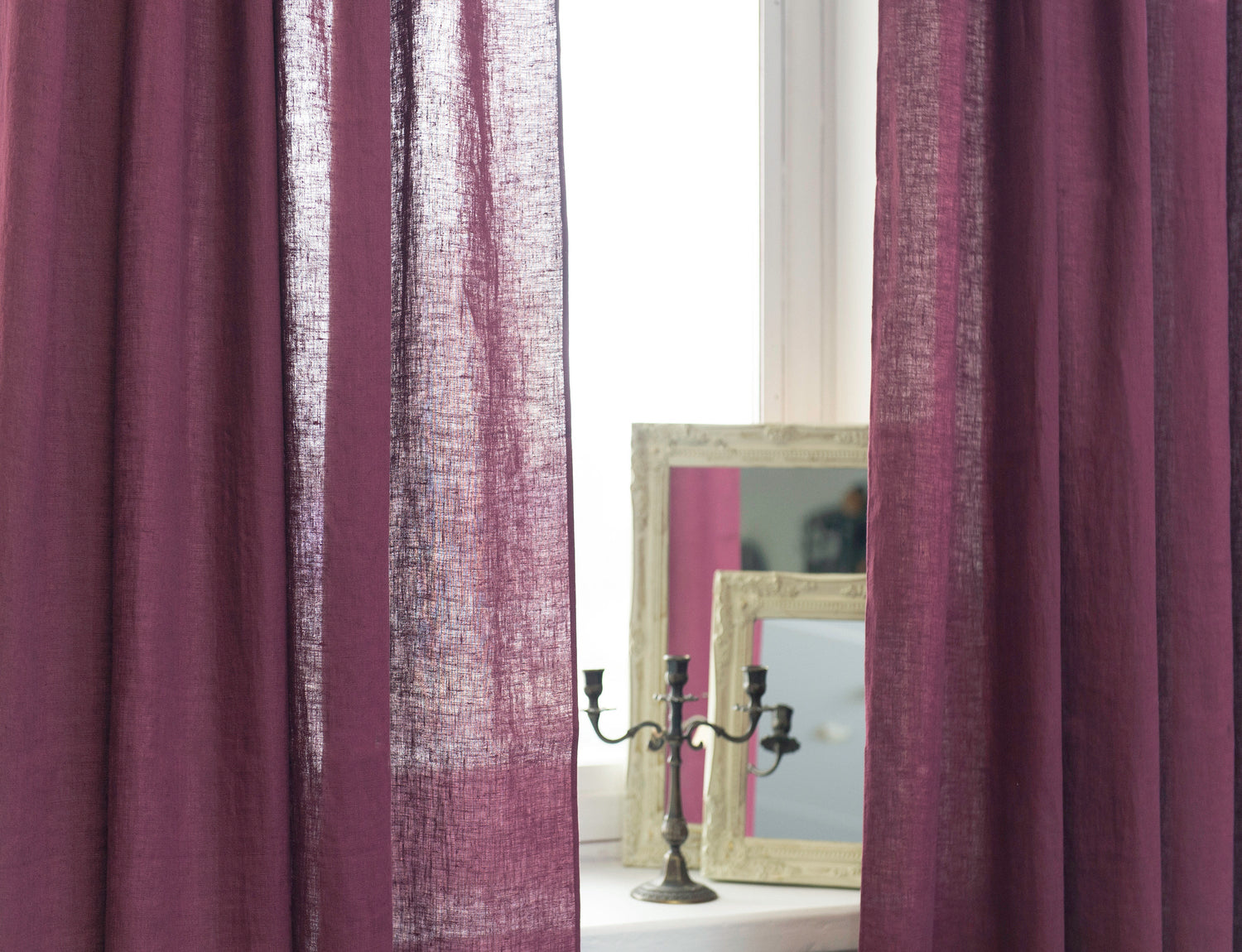 Dark plum linen curtain with tab top design from Magenta Sugarplum, ideal for elegant home decor.