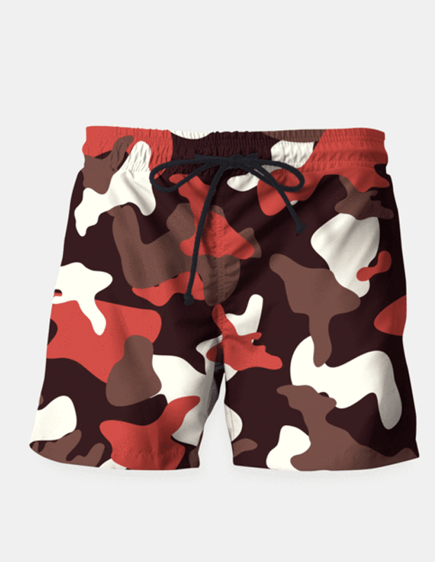Red camouflage army pattern swim shorts by Sky Felix, with a bold camo design and comfortable fit for swimming and beachwear.