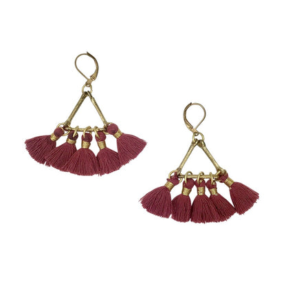Ariel Lola Fan Earrings with red fringe design, stylish jewelry accessory for fashionable women.