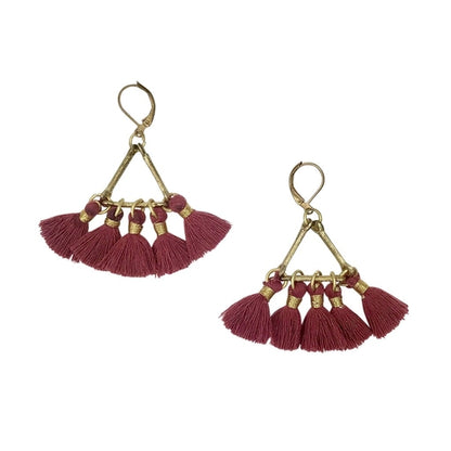 Red fringe earrings from Ariel Lola Fan Jewelry, featuring bold, flowing red fringe design with gold accents.