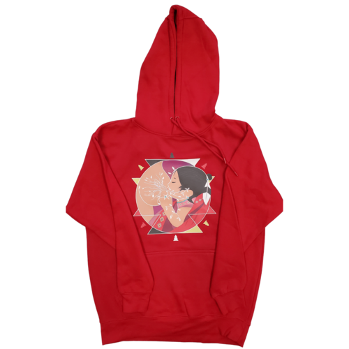Red Nde (My Heart) Hoodie by Grey Trillium, featuring a comfortable fit and bold design, displayed on a mannequin.