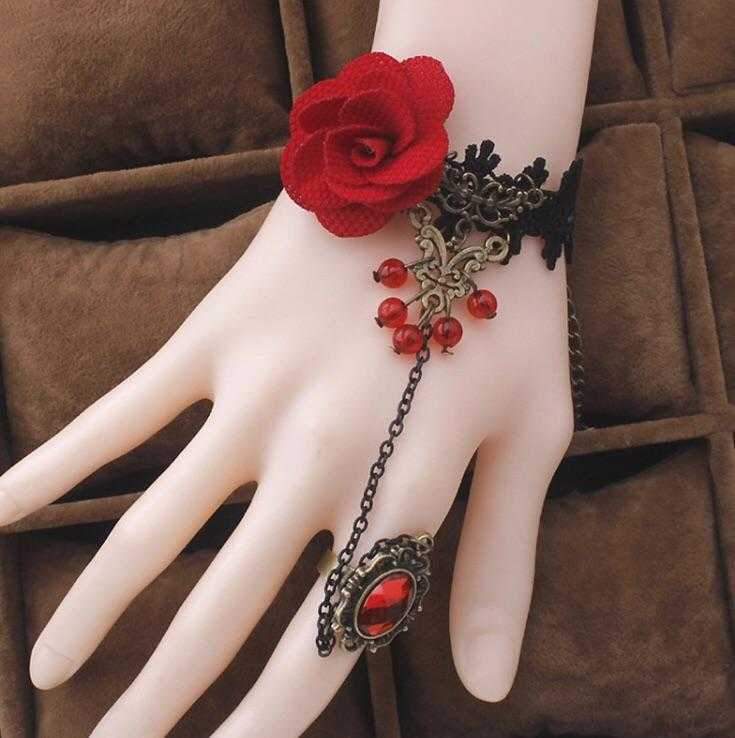 Red rose-themed bracelet from Burgundy Uranus featuring a detailed red rose charm, stylish jewelry accessory.