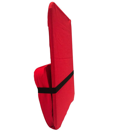 Red Alabaster OMSutra folding meditation chair with portable design, lightweight and comfortable for outdoor meditation sessions.