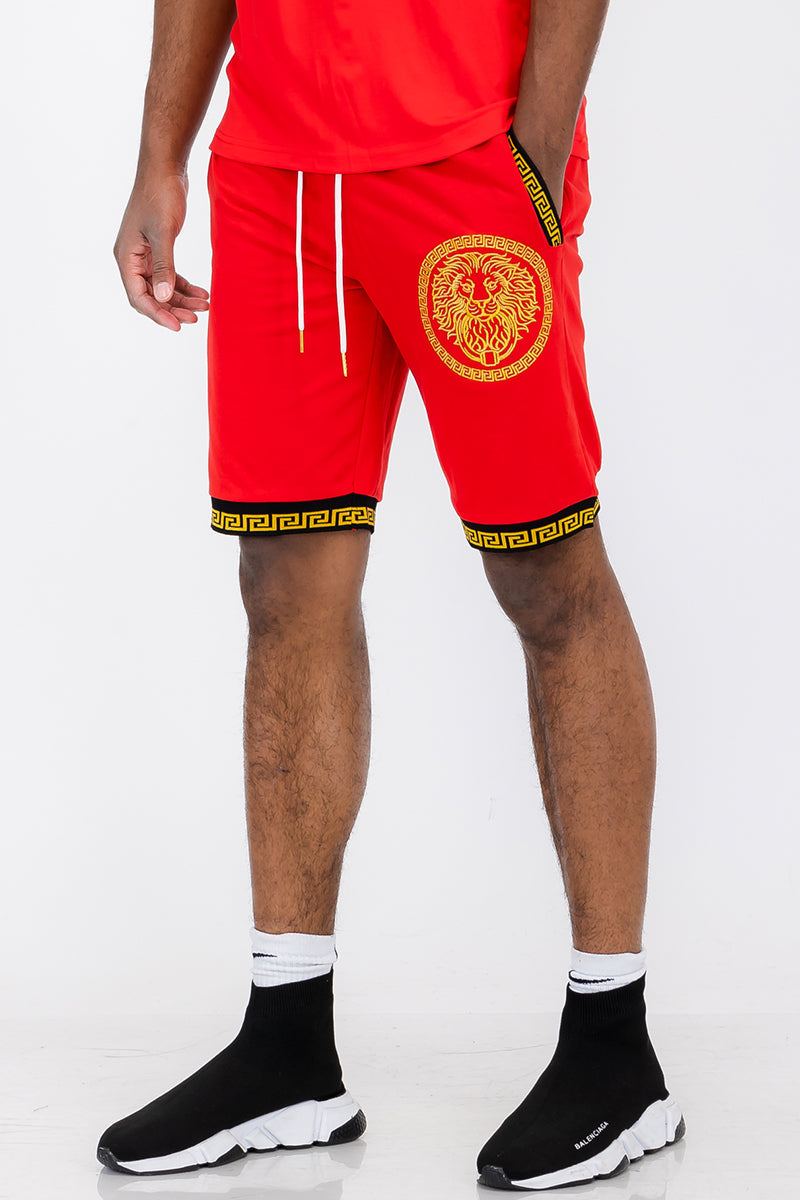 Red Lime Milo Lion Head Shorts for men, featuring bold lion graphic design, casual fit, and comfortable fabric.