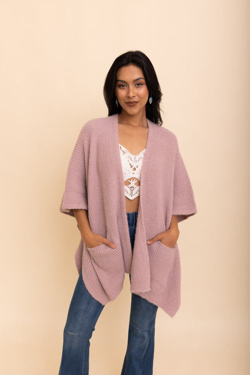 Lavender boucle cardigan by Periwinkle Aether, cozy and stylish accessory perfect for autumn nights.