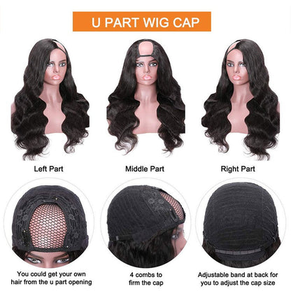 Cerise Alfie Brazilian Remy human hair U part wig with body wave texture for Black women, showcasing natural waves and hair quality.