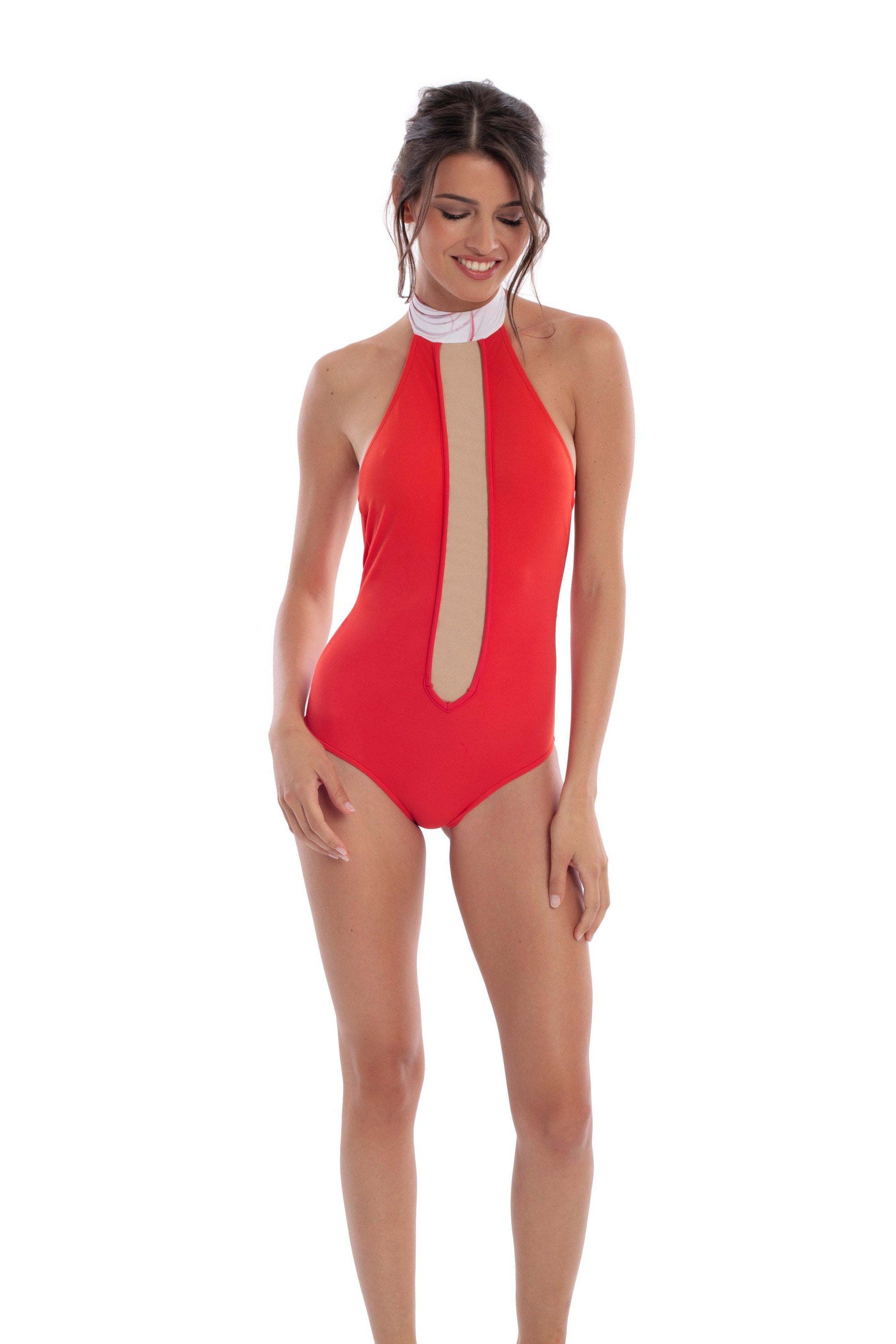 Coffee Chestnut Revel Rey Plumage One Piece in Chili swimwear, featuring vibrant red fabric and stylish design.