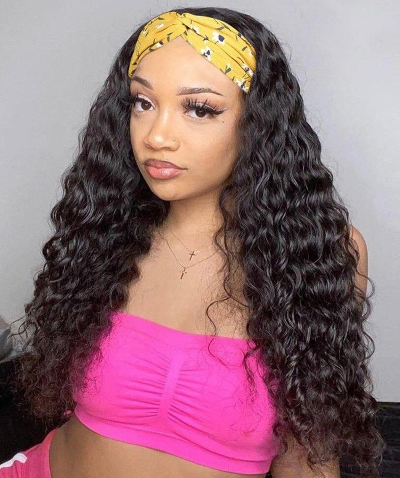 Cerise Alfie water wave headband wig made of human hair, easy to wear, no glue required, styled with a fashionable scarf.