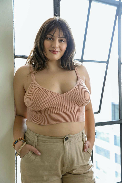 Periwinkle Aether rib knit lounge brami in blush, XL/2XL, soft and comfortable top with a stylish, cozy design.