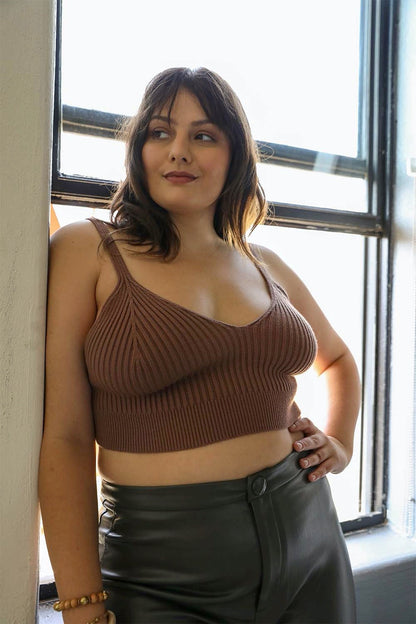 Brown rib-knit lounge brami by Periwinkle Aether, featuring a snug fit and cozy design for casual wear.