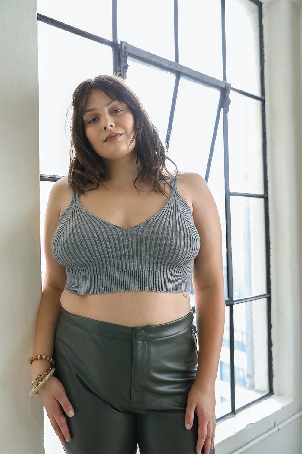 Gray rib-knit lounge brami by Periwinkle Aether, shown in XL/2XL size, featuring a comfortable, form-fitting top with a soft texture.