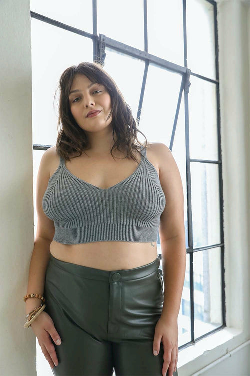 Gray rib-knit lounge brami by Periwinkle Aether, a comfortable sleeveless top with a fitted, stretchy design.