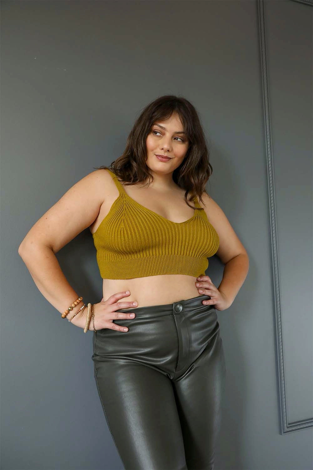 Mustard rib-knit lounge brami by Periwinkle Aether, with a snug fit and sleeveless design, perfect for casual wear.