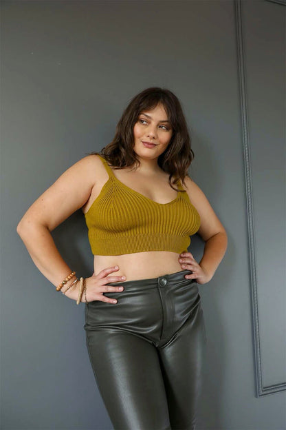 Mustard rib-knit lounge brami by Periwinkle Aether, with a snug fit and sleeveless design, perfect for casual wear.