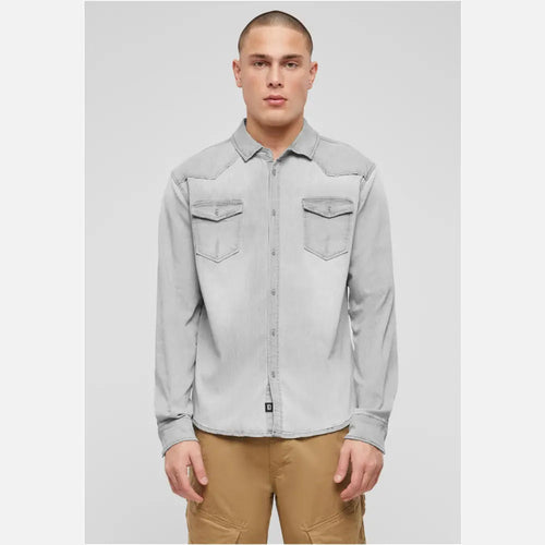 Callisto Riley denim shirt for men, featuring classic design and durable denim fabric, displayed on a hanger.