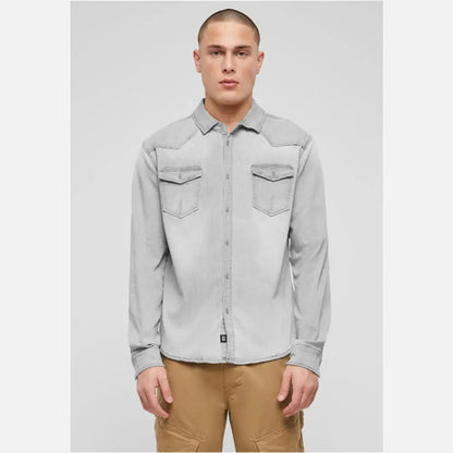 Callisto Riley denim shirt for men, featuring classic design and durable denim fabric, displayed on a hanger.