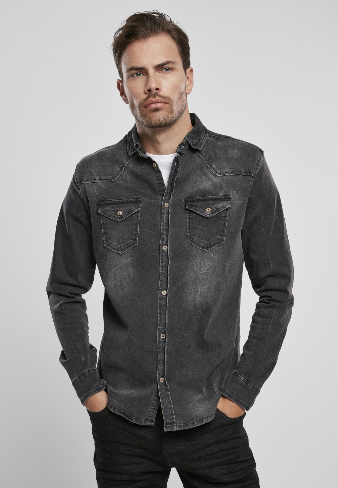 Callisto Riley denim shirt for men, casual long-sleeve denim top with button front and classic fit.