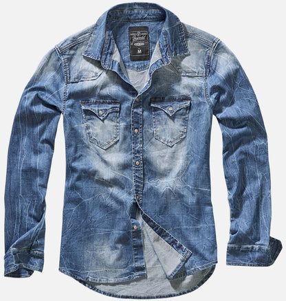 Callisto Riley denim shirt for men, showcasing classic blue denim fabric, button-up style, and casual fit.