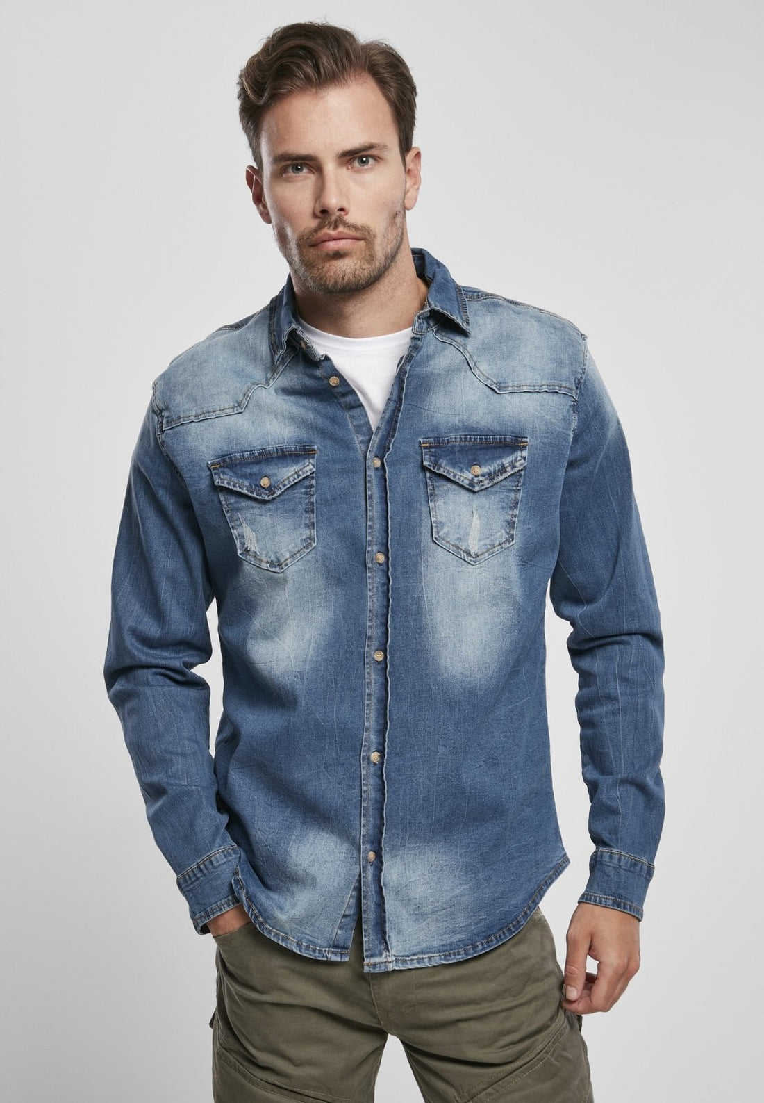 Callisto Riley denim shirt for men, featuring classic fit and durable denim fabric, shown on a hanger against a neutral background.