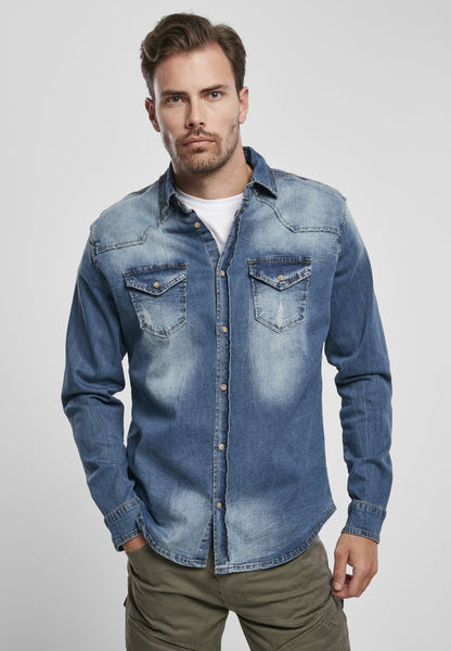 Callisto Riley denim shirt for men, featuring classic fit and durable denim fabric, shown on a hanger against a neutral background.