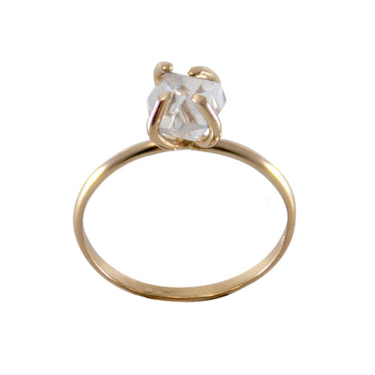 Raw Herkimer diamond 14k gold filled prong ring, featuring a sparkling gemstone set in a delicate gold band.