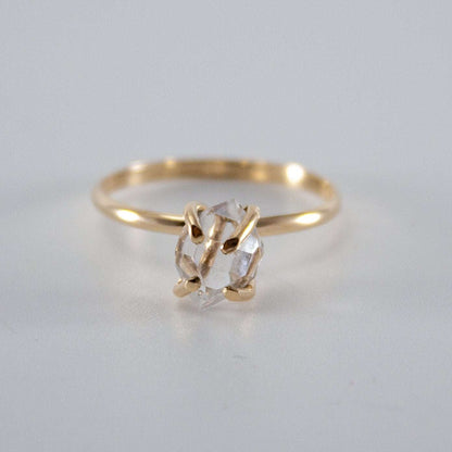 Raw Herkimer Diamond 14k gold-filled prong ring featuring a sparkling raw diamond set in a delicate gold band.