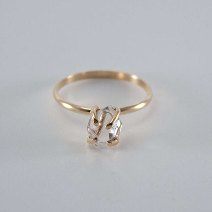 Raw Herkimer diamond 14k gold filled prong ring featuring a sparkling raw gemstone and elegant gold band.