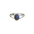 Oval Labradorite bezel split shank sterling silver ring by Grey Clymene, featuring a polished labradorite gemstone and intricate silver band design.