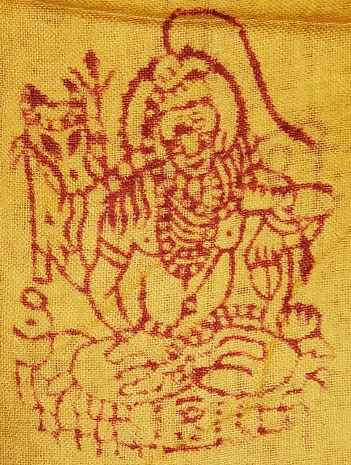 Yellow Primordial Om and Ganesha printed scarf by Silver Hestia featuring vibrant Hindu symbols and intricate design details.