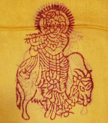 Yellow Primordial Om and Ganesha printed scarf by Silver Hestia featuring vibrant Hindu deity motifs and intricate designs.