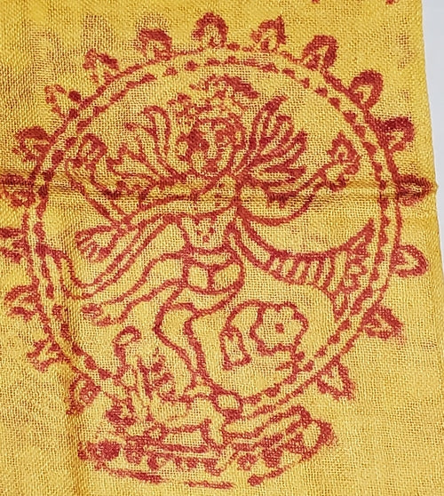 Yellow Primordial Om and Ganesha printed scarf from Silver Hestia, featuring vibrant yellow fabric with sacred symbols and intricate designs.