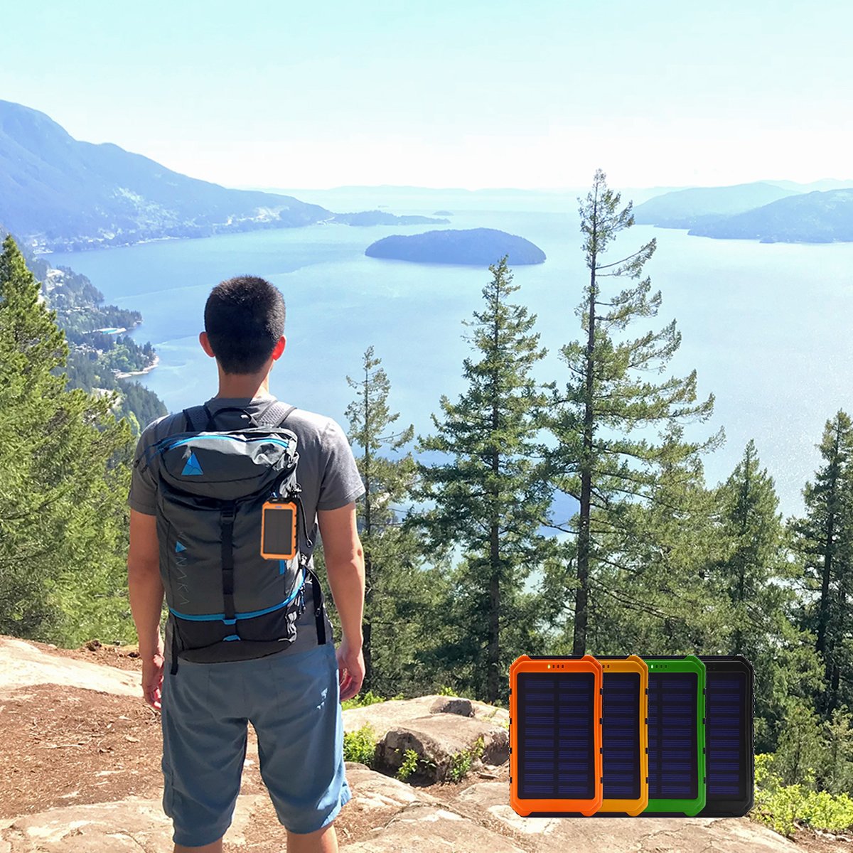 Salmon Lucky roaming solar power bank charging a smartphone outdoors, eco-friendly tech accessory for portable energy.