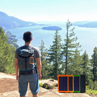 Salmon Lucky roaming solar power bank charging a smartphone outdoors, eco-friendly tech accessory for portable energy.