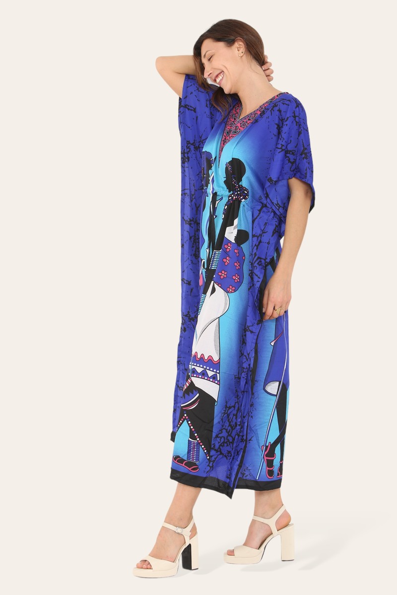 Blue traditional African style caftan dress for women with vibrant print, by Coffee Diomedes.