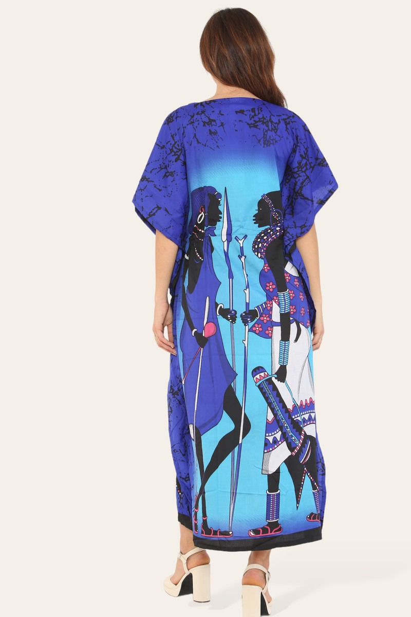 Blue traditional African print caftan dress for women by Coffee Diomedes, flowing fabric with vibrant cultural pattern.