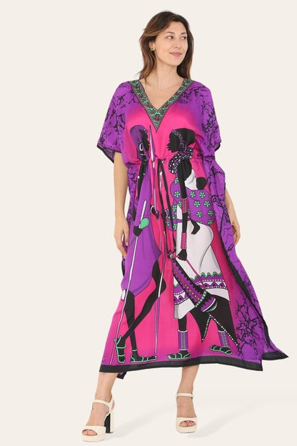 Mauve African-style printed caftan dress for women, traditional design, featuring vibrant patterns and flowing fabric.