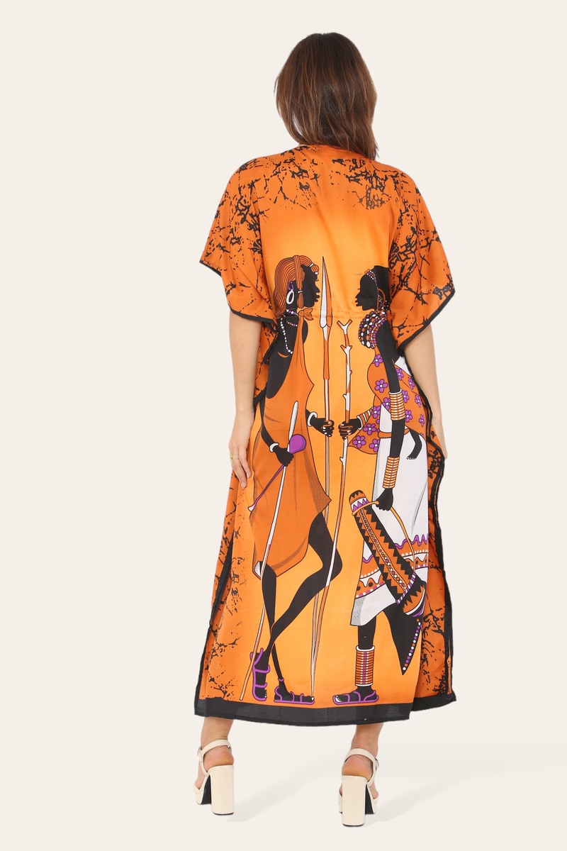 Orange African print caftan dress for women by Coffee Diomedes, featuring traditional style and vibrant fabric design.