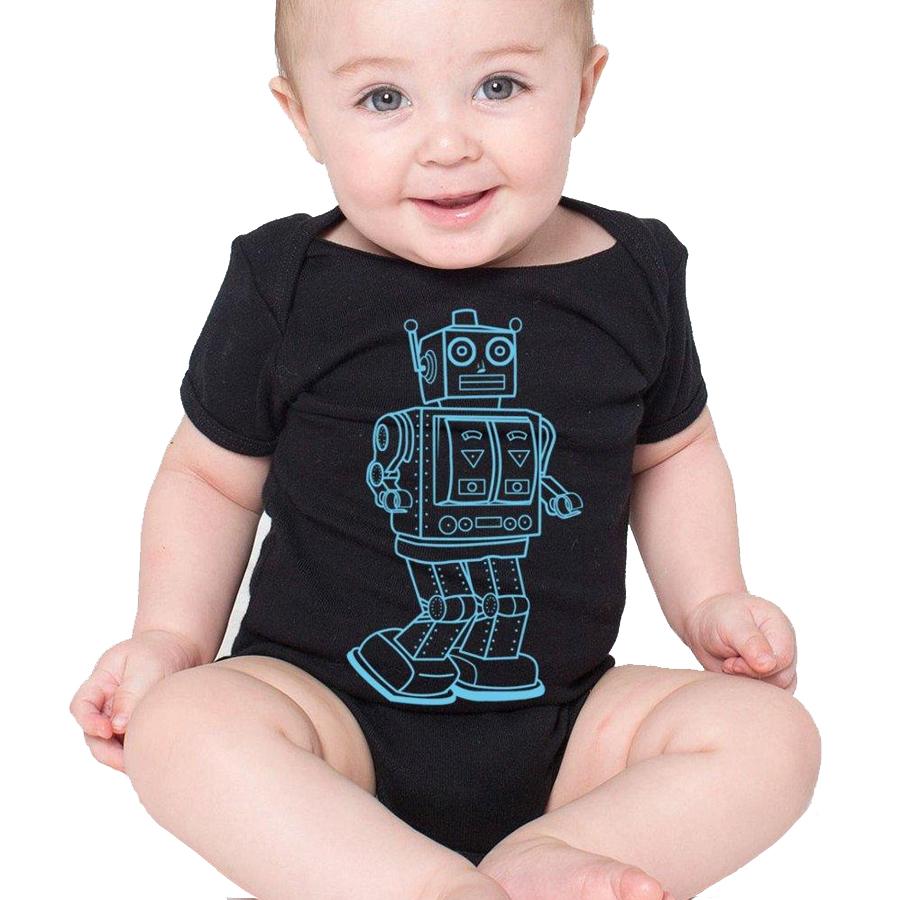 Vintage robot baby onesie by Indigo Tiger, soft cotton baby clothing featuring a playful robot print.