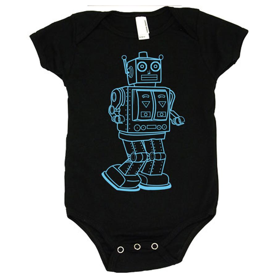 Vintage robot-themed baby onesie by Indigo Tiger, featuring a cute robot print on soft baby clothing.