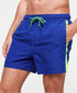 Royal blue stripe swim shorts by Sky Felix, featuring a vibrant pattern and comfortable fit, displayed on a plain background.