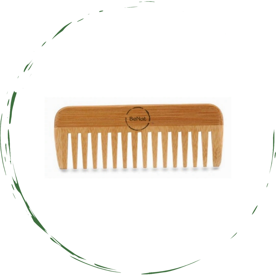 All-natural bamboo hair comb by Violet Atlas, designed for gentle detangling and hair care in bath and beauty routines.