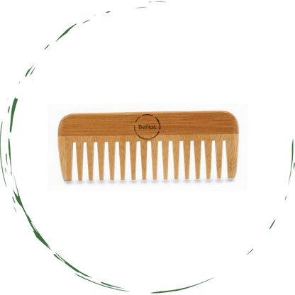All-natural bamboo hair comb by Violet Atlas, designed for gentle detangling and hair care in bath and beauty routines.