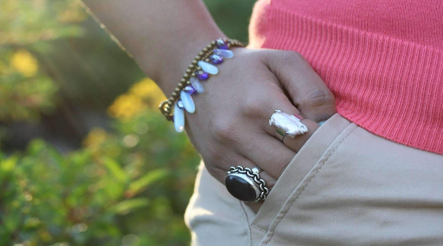 Opalite and crystal romance bracelet from Silver Hestia with silver chain and elegant gemstone accents.