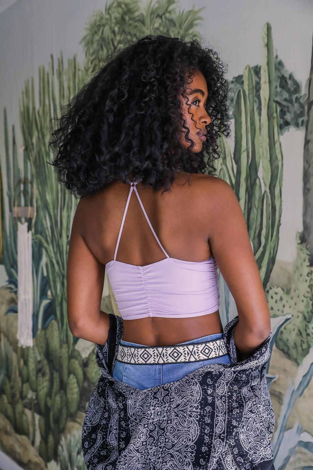 Periwinkle Aether ruched bralette in soft fabric, showcasing delicate ruching and comfortable lingerie design.