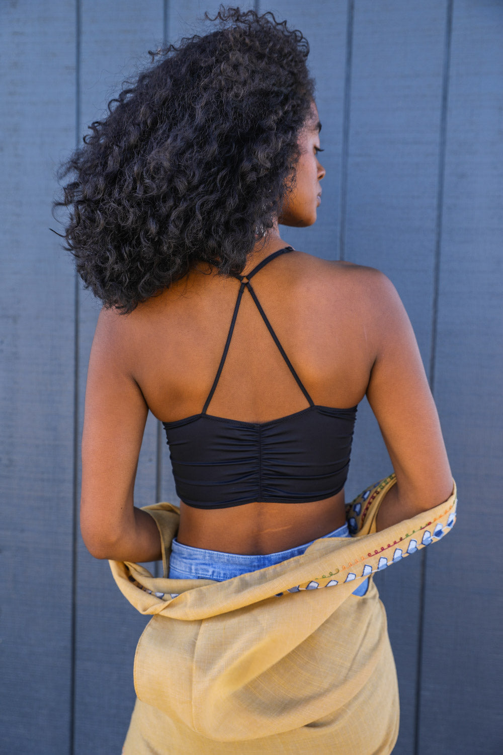 Periwinkle Aether ruched bralette in soft fabric, featuring delicate ruching and a comfortable, stylish lingerie design.