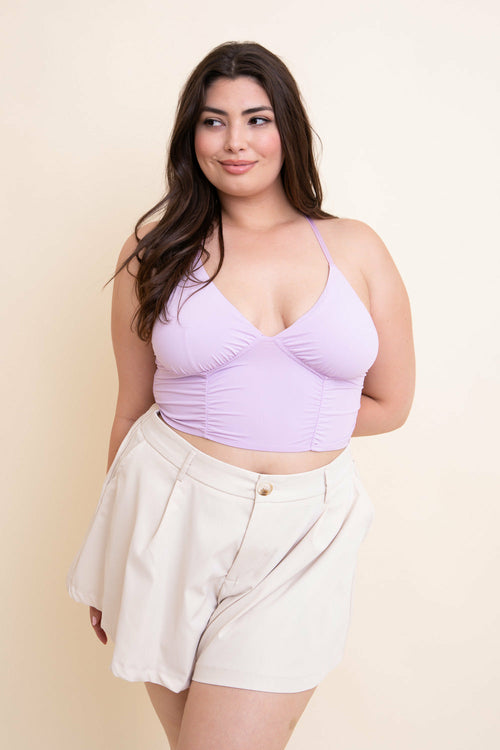 Lavender ruched bralette tank top by Periwinkle Aether, featuring a stylish and comfortable design.