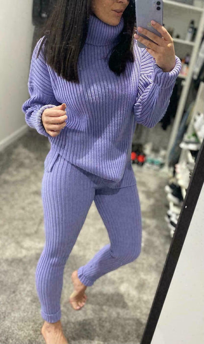 Women’s knitted ribbed polo top and leggings set by Coffee Diomedes, featuring high neck, chunky texture, and loungewear style.