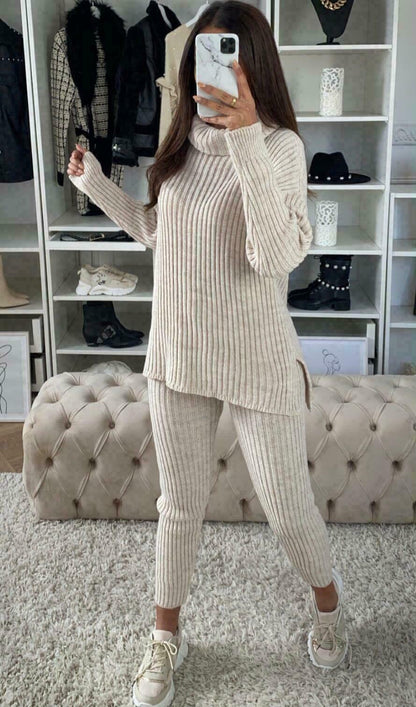 Women’s chunky knitted ribbed polo high neck top and leggings loungewear set, Coffee Diomedes, in cozy knit fabric.