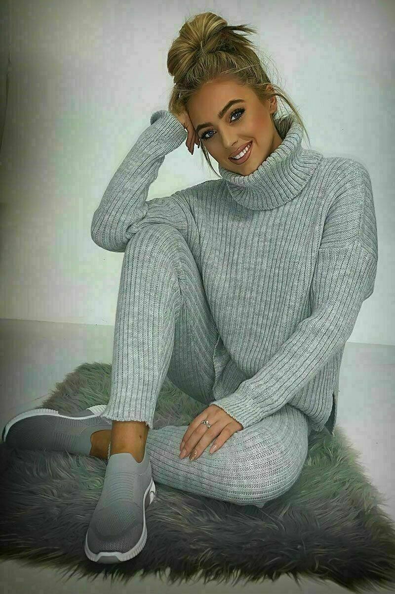 Women’s Coffee Diomedes chunky knitted ribbed polo high neck top and matching leggings, cozy loungewear set, beige color, front view